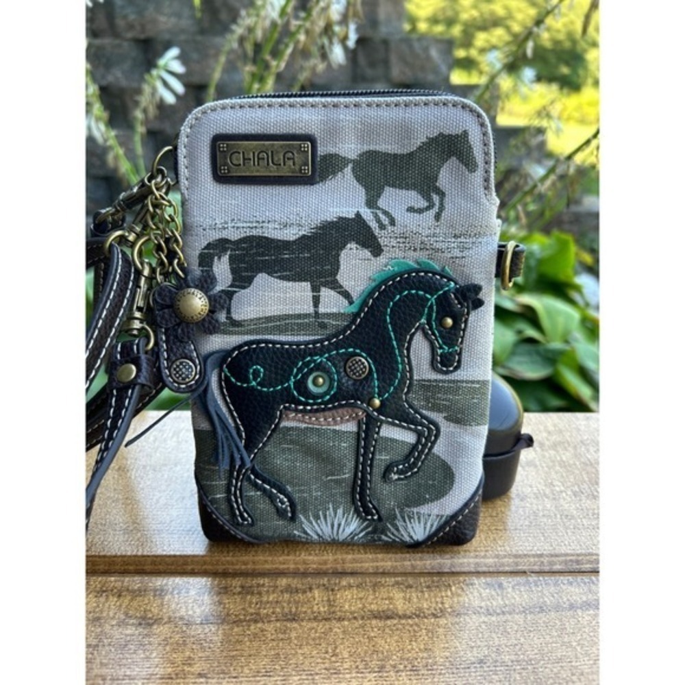 CHALA Horse Cell Phone Crossbody Bag Gray Canvas Vegan Leather Western